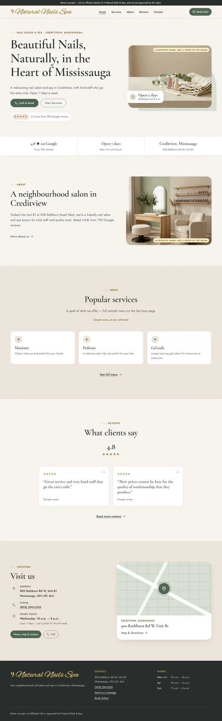 Screenshot of the 9 Natural Nails & Spa demo website home page