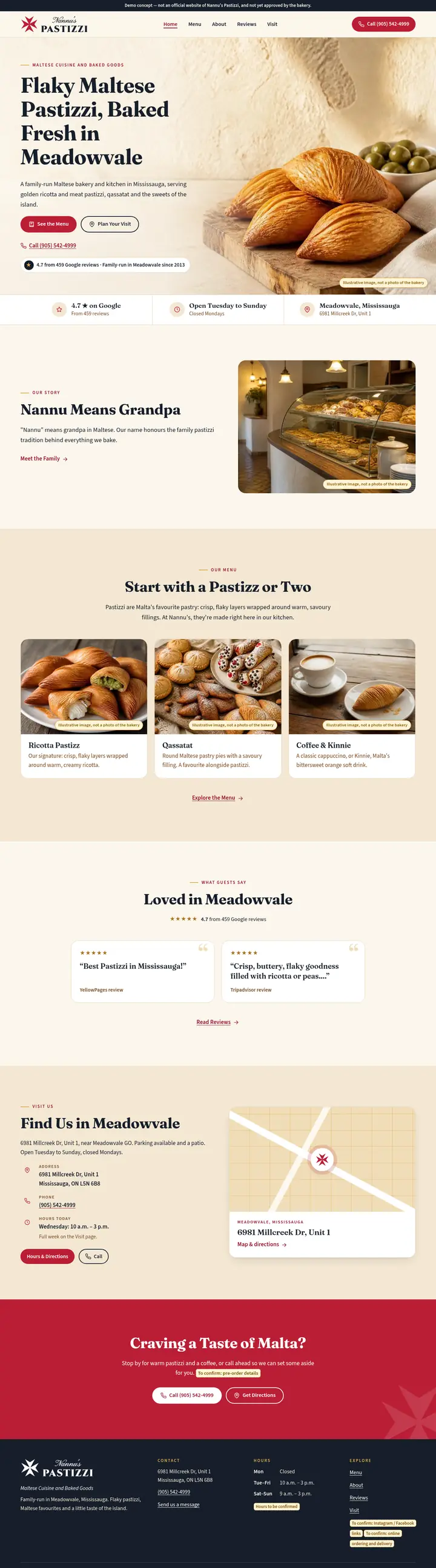 Screenshot of the Nannu's Pastizzi demo website home page