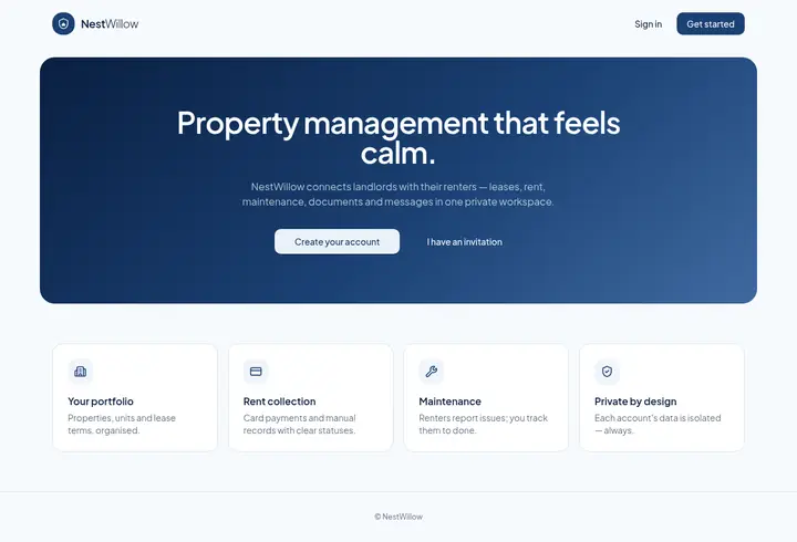 NestWillow landing page: Property management that feels calm.